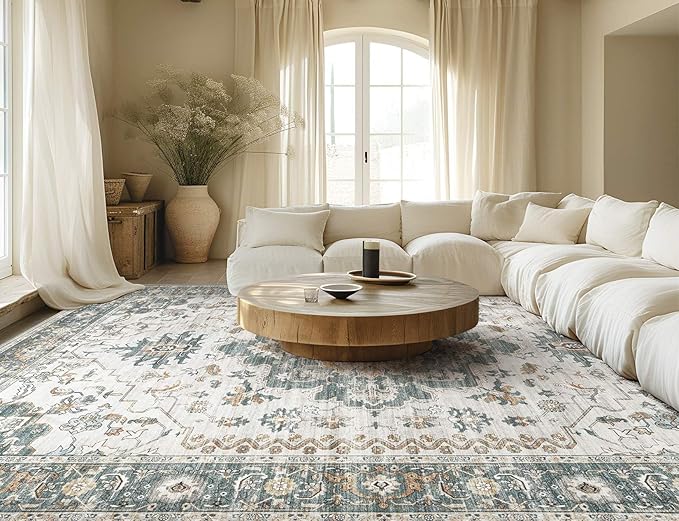 Washable Area Rugs for Living Room -10x14 Neutral Vintage Distressed Floral Farmhouse Boho Large Soft Floor Rug Indoor Non Slip Carpet for Living Room Bedroom Dining Room Office -Green/Grey