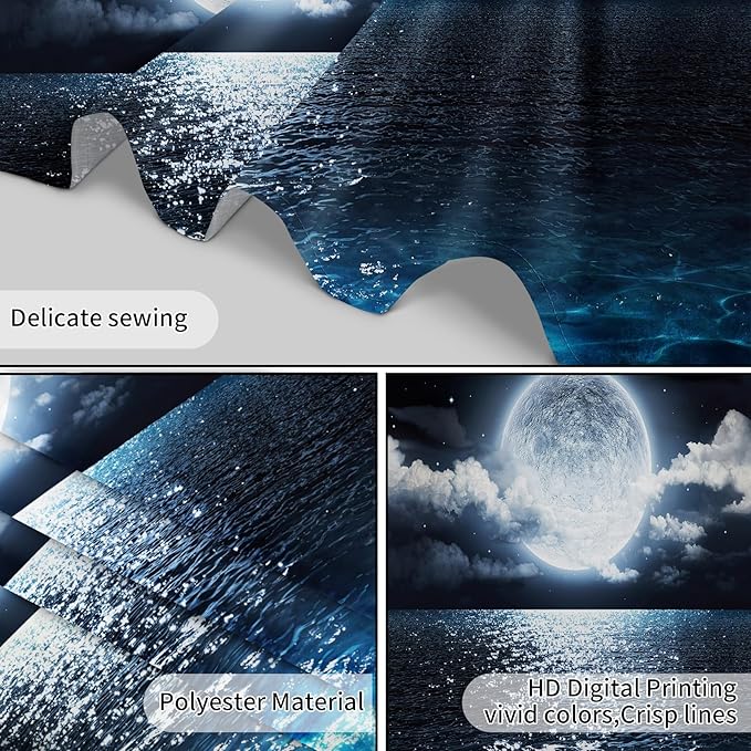 LB Moon Ocean Tapestry - Watercolor Blue Ocean and White Cloud Extra Large Wall Tapestry for Bedroom Starry Night Sky Wall Art for Bedroom Living Room Dorm Decor - 92.5Wx70.9H inches