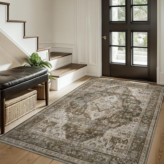 AMOAMI-3X5 Area Rug-Soft Washable Vintage Throw Accent Rugs for Living Room, Entryway, Bedroom, Kitchen, Bathroom, Laundry Room, Kitchen, Bathroom, Bedside, No Slip Brown/Coffee