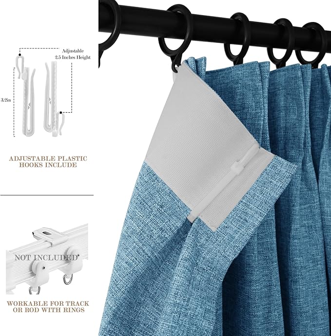 Blue Pinch Pleat 100% Blackout Drapes Linen Blend, Room Divider, Room Darkening, Energy Saving, Furniture Protecting, Light Blocking Extra Wide Privacy Curtains, 240Wx84L, 1 PC