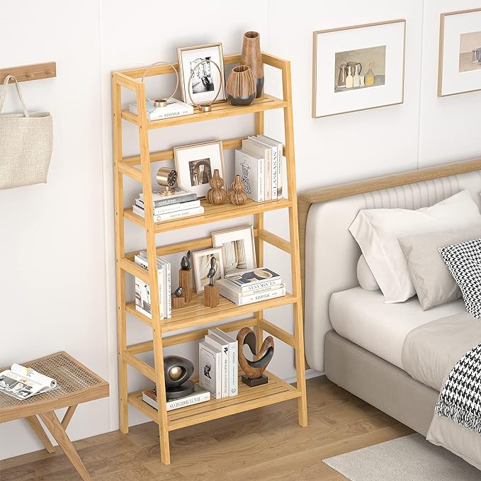 Homykic Bamboo Bookshelf 4-Tier Ladder Shelf, 49.2” Freestanding Open Bookcase Book Shelf Bathroom Storage Shelf Unit Plant Stand for Small Space, Bedroom, Living Room, Home Office, Natural