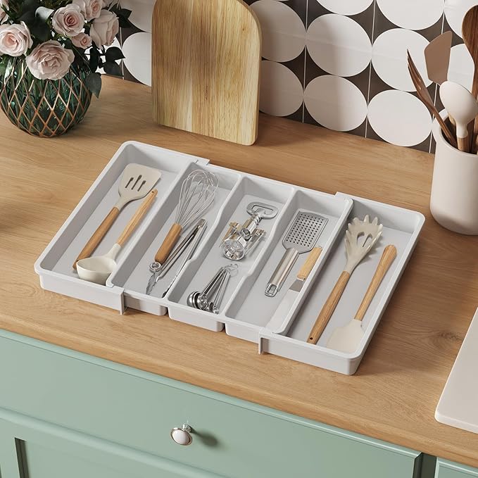 Lifewit Utensil Organizer for Kitchen Drawers, Expandable from 13‘’ to 22.4'', 15'' Depth, Plastic Cutlery Silverware Flatware Holder, Spatula Tools and Gadgets Storage, Large, White