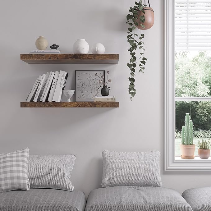 Floating Shelf, Set of 2 Wall Shelf, 36 in W x 12.75 in D x 2 in H Wooden Floating Wall Shelf with Invisible Brackets for Living Room/Bedroom/Bathroom/Kitchen Storage and Decor, Rustic Brown