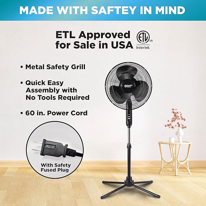 Comfort Zone Electric Oscillating Pedestal Fan, Stand Fan, 16 inch, 3 Speed, 90 Degree Oscillating Head, Adjustable Height and Tilt, Airflow 7.48 ft/sec, Ideal for Home, Bedroom & Office, CZST161BTEBK