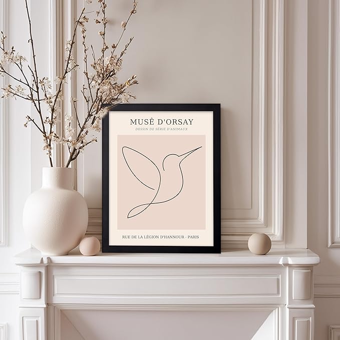 Poster Master Vintage Poster - Retro One Line Hummingbird Drawing Print - Bird Line Art - Minimal Gift for Him, Her, Animal Lover - Abstract Decor for Home, Office, 11x14 Black Framed