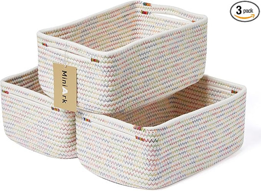 Small Storage Baskets for Organizing | Closet Organizer Bins | Shelf Toy Basket | Woven Rope Baskets | Cube Decorative Box | Shallow Basket | 13x8.5x5.1” | 3 Packs Rainbow