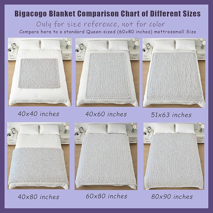 Bigacogo Chunky Knit Throw Blanket for Couch, 60x80 inches, 100% Hand Knitted with Thick Jumbo Chenille Yarn, Cozy Soft Large Rope Knot Cable Crochet Blankets for Sofa Bed Living Room, Ivory