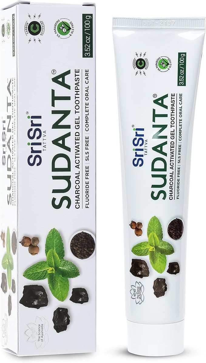 Sri Sri Tattva Sudanta Charcoal Toothpaste Gel – SLS, Fluoride Free Herbal Toothpaste with Neem & Ayurvedic Herbs – Natural Teeth Whitening, Fresh Breath, Oral & Gum Health – 100g Tube (Pack of 1)