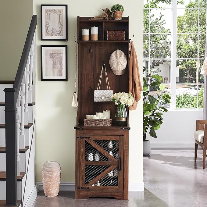 JXQTLINGMU 23" Farmhouse Hall Tree with Shoe Storage, Entryway Bench with 6 Cubbies, 5 Hooks & Barn Doors, Mudroom Coat Rack Cabinet, Brown