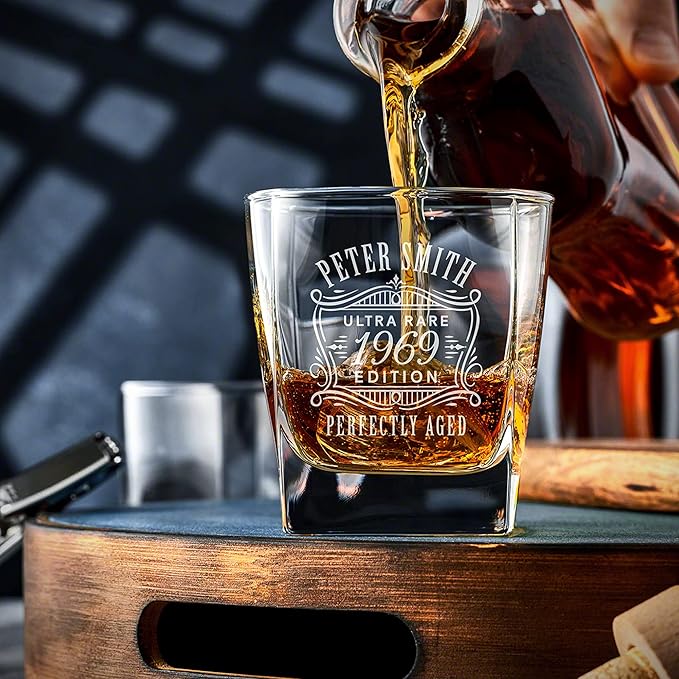 Personalized Whiskey Decanter Set with 4 Glasses and Custom Wood Box - 9 Design Options - Bourbon Glass Set