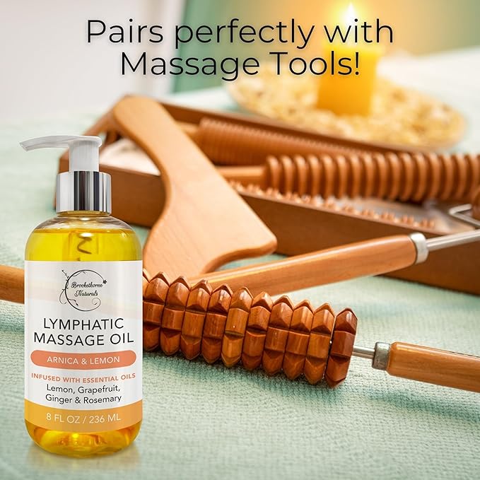 Lymphatic Massage Oil for Massage Therapy | 100% Natural Lymphatic Drainage Oil | Premium Quality with Arnica, Lemon & Ginger | for Post Surgery Recovery & Detox | 8oz by Brookethorne Naturals