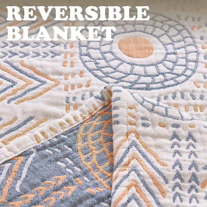 jinchan Boho 100% Cotton Muslin 50x60 Throw Blanket Lightweight 4-Layer Orange Multi Reversible Blanket Washable Breathable Decorative Geometric Striped Pattern Soft Comfy for Couch Bed All Seasons