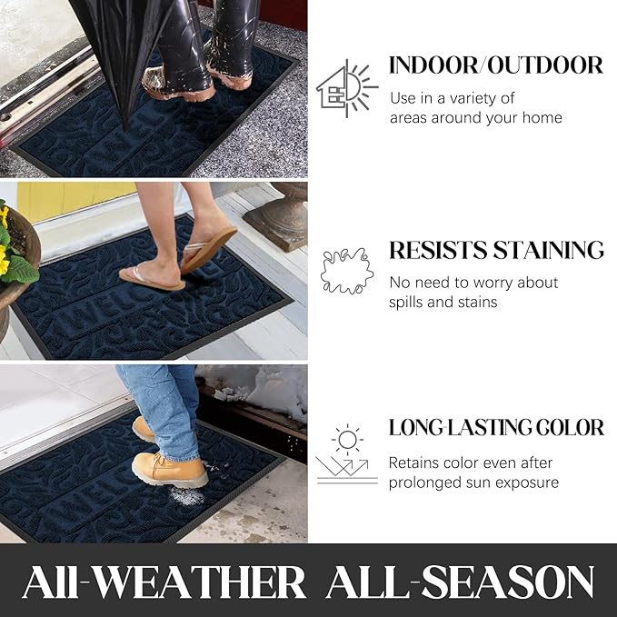 Yimobra Welcome Front Door Mat Outdoor, Heavy Duty Sturdy Non Slip Doormats, Rubber Backing, Low-Profile Entrance Rugs, Absorbent Resist Dirt, Easy Clean Patio Garage Floor Mats, 47X24 Inch, Blue