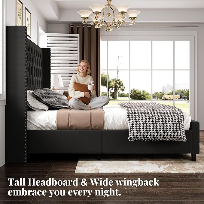 PaPaJet King Size Bed Frame with 61.4" Tall Headboard, Velvet Modern Upholstered Tufted Bed for Adults, Handmade Deep Button Tufting, Solid Wood Legs, No Box Spring Required, Black