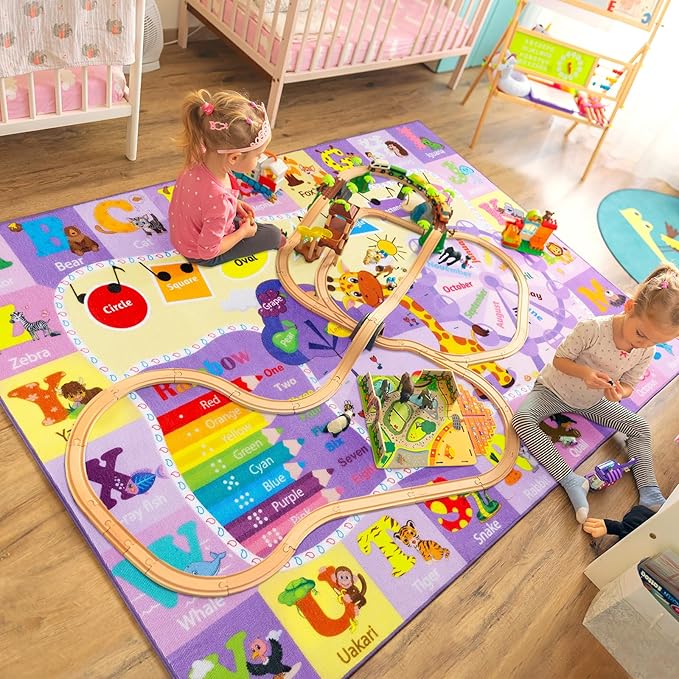 Kids Rugs for Playroom Bedroom Classroom Nursery, Non-Slip and Washable Rugs for Children Toddlers Girls, Educational and Fun Rug Carpets with ABC Alphabet Animals Shapes, 7x10, Purple