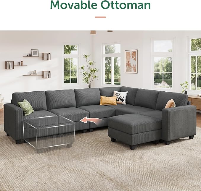 HONBAY Corduroy Sectional Sofa with Storage, U Shape Modular Sectional Sofa with Chaise, Modular Couches for Living Room, Dark Gray