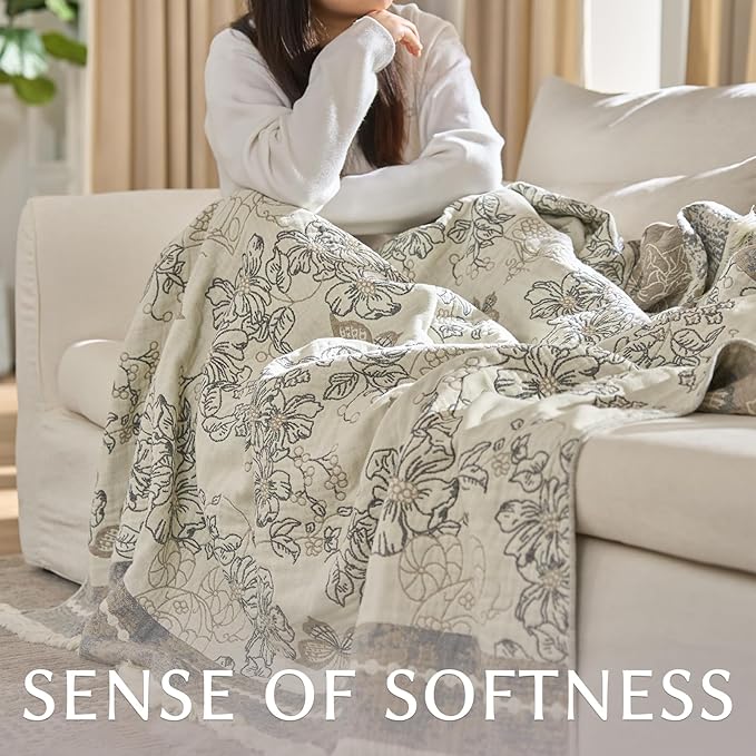 jinchan Boho Floral 100% Cotton Blanket 4-Layer Throw Blanket with Tassel Grey and White Flower Butterfly Soft Luxury Rustic Farmhouse Decor Blanket for Couch Bed 80x90 inch All Season Gift for Women