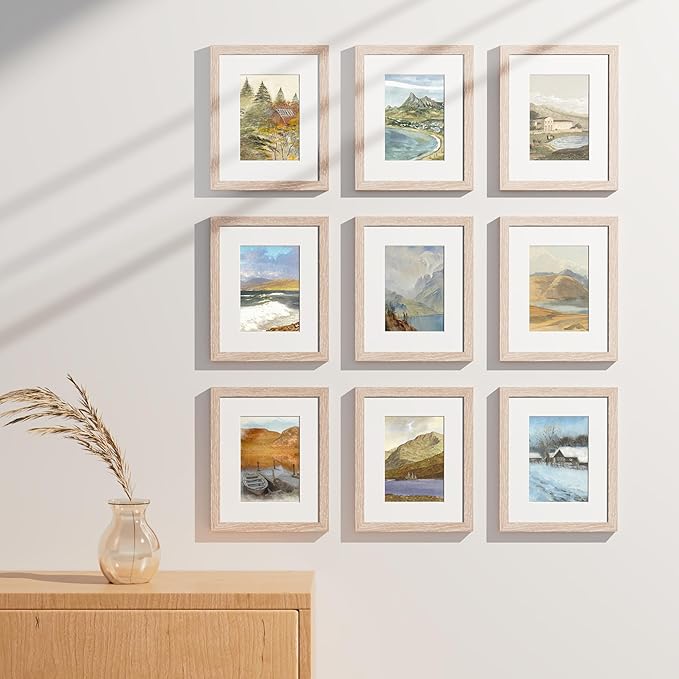Vittanly 8x10 Picture Frames Set of 9, Shatter Resistant Plexiglass, Display 5x7 Pictures with Mat or 8x10 without Mat, Photo Frames for Wall or Tabletop, Engineered Wood, Rustic Pink