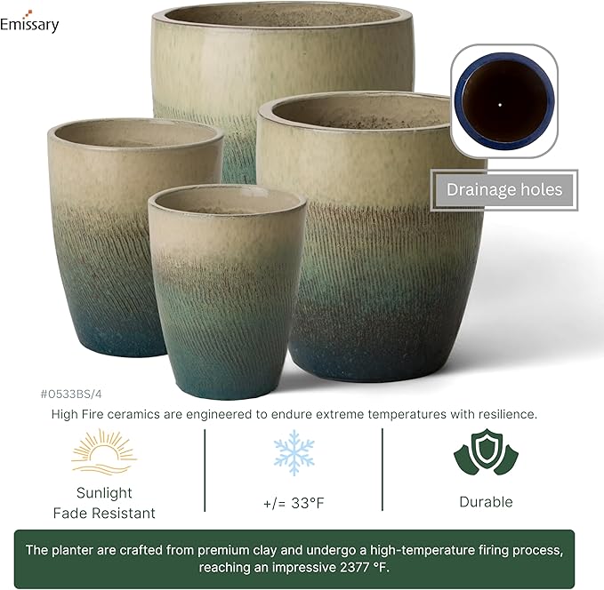 Emissary Home and Garden Bullet 11.5 in. Bayside Green Ceramic Round Planter (11.5 in. L x 11.5 in. W x 14 in. H) with Drainage Hole