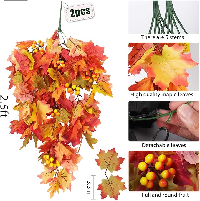 RECUTMS Fall Leaves Hanging Plant Artificial Fall Leaves Garland with Berry Fake Autumn Wall Hanging Leaf Vines for Home Halloween Party Door Frame Fireplace Decoration(Orange with Berry)