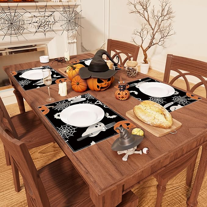 XCHI BOO Spooky Ghost Pumpkin Halloween Cloth Placemats Set of 8 Table Mats Table Decorations 12x18 Inch