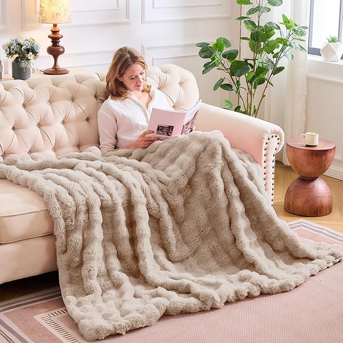 Lotus Karen Faux Fur Throw Blanket Linen - 800 GSM Bubble Rabbit Fluff Blanket for Couch Bed Sofa,Softest Fluffy Fuzzy Cozy Blanket,Thick Furry Plush Shaggy Warm Blankets for Women,108x90 Inches