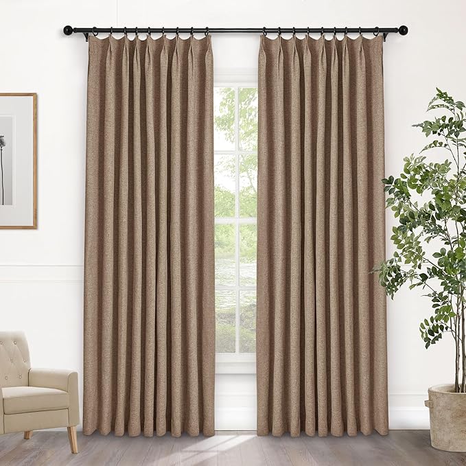 Macochico Taupe 100% Blackout Linen Curtains 96 Inches Long Pinch Pleated Curtains for Bedroom Living Room Nursery Farmhouse Insulated Sound Reducing Drapery with Tieback 84”Wx96”L 1 Panel