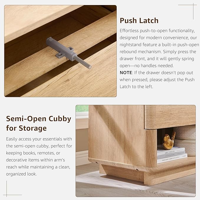 Nightstand with Charging Station, 22" Push-to-Open Bedside Table with 2 Storage Drawers, Large Modern End Table for Bedroom,Living Room,Natural Oak