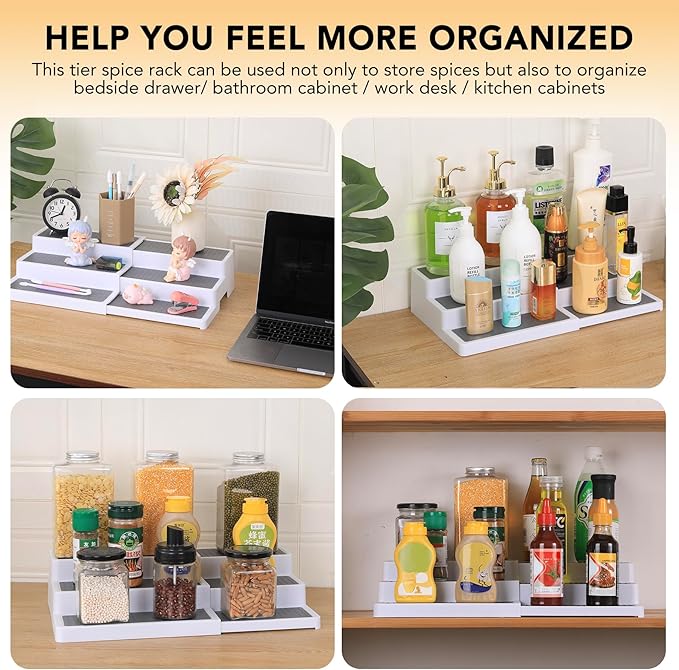 3-Tier Expandable Spice Rack, Plastic Spice Rack Organizer for Cabinet, Adjustable Length, Non-Skid Spice Shelf Organizer for Kitchen Cabinet, Countertop or Pantry, 2 Pack, White/Grey