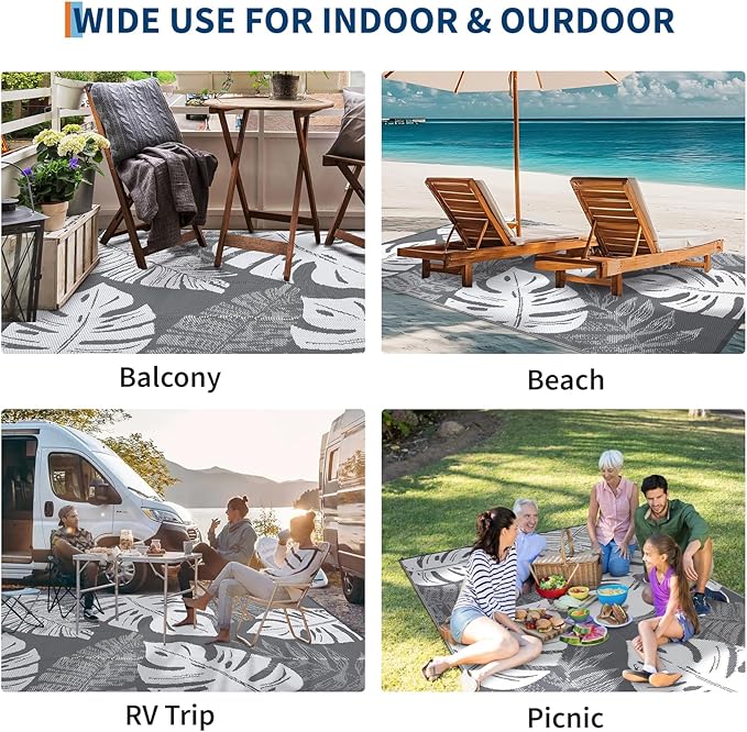 GAOMON Waterproof Outdoor Rug 8x10 Reversible Outdoor Plastic Straw Rug Modern Patio Carpet, Foldable Lightweight RV Camping Mat with Portable Bag & 4 Stakes, UV Resistant & Sturdy for Picnic, Grey