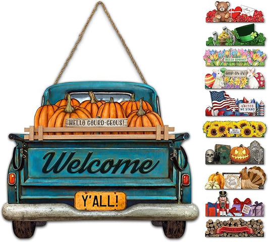 Interchangeable Welcome Sign for Front Door Blue Farmhouse Truck Decor Hanging Sign with 11 Interchangeable Seasonal and Holiday Decor Signs 12x14 in. (Blue Farmhouse Truck)