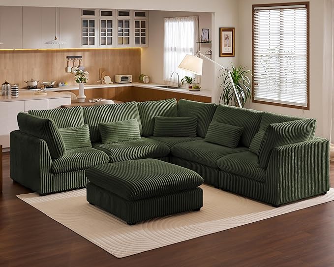 Oversized Modular Sofa, Extra Deep Cloud Corduroy Sectional Couch with Ottoman Chaise, Fluffy Chenille Corner V Shape Sofa for Living Room, Villa (Corner V Shape+Ottoman, Corduroy Green)