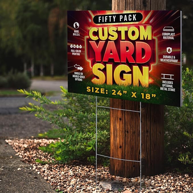 50 Pack 24"x18" Custom Yard Signs with Stakes, Personalized Yard Signs for Outdoors, Customized Full Color Print Corrugated Signs for Business