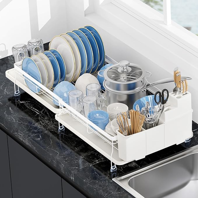 ROTTOGOON Expandable Dish Drying Rack,Multifunctional Adjustable Dish Drainer with Swivel Spout and Anti-Rust Dish Rack with Removable Cutlery & Cup Holders for Kitchen Counter,White