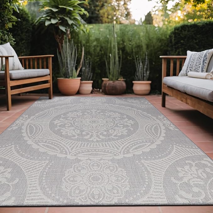 Medallion Outdoor Rug 10x14 Washable Outside Carpet for Indoor Patio Porch Waterproof Easy Cleaning Non Shedding Area Rugs Gray 10 x 14