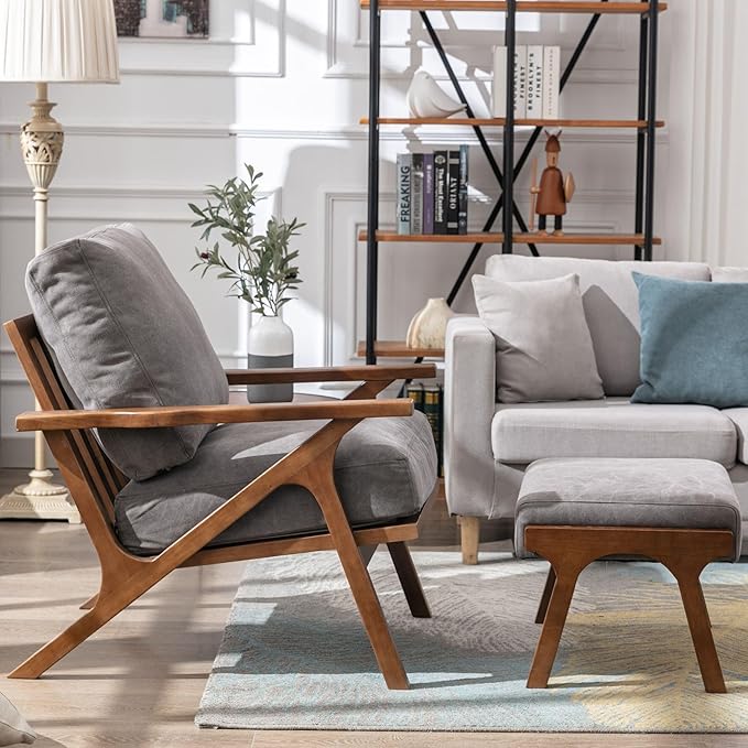 Wahson Set of 2 Mid Century Chair, Retro Upholstered Accent Armchairs, with Wood Frame and Removable Canvas Cushions, Large Leisure Slipper Chair for Living Room/Bedroom, Grey