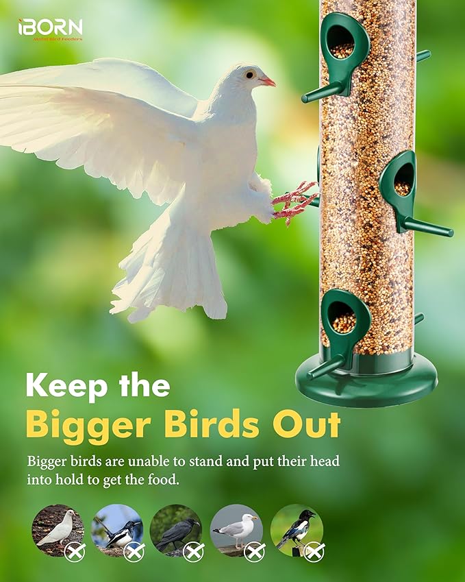 iBorn Metal Bird Feeders 6 Ports Hanging Wild Bird Seed Feeder for Mix Seed Blends, Niger Seed Feeder, Sunflower Heart, Birdbath, Heavy Duty All Metal Green Finishing 14 Inch 6Port