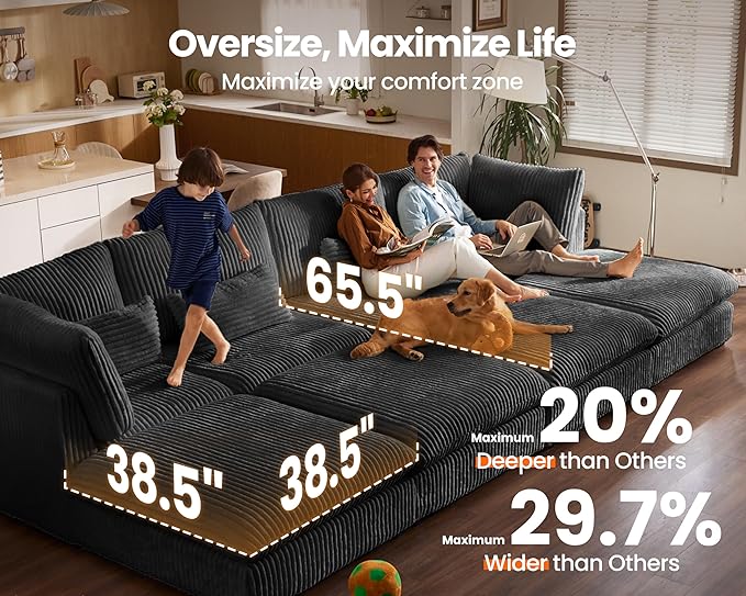 Oversized Modular Sofa, Extra Deep Cloud Corduroy Sectional Couch with Ottoman Chaise, Fluffy Chenille 6 Seater Couch Bed for Living Room, Villa (Sofa Bed 6 Seater, Corduroy Black)