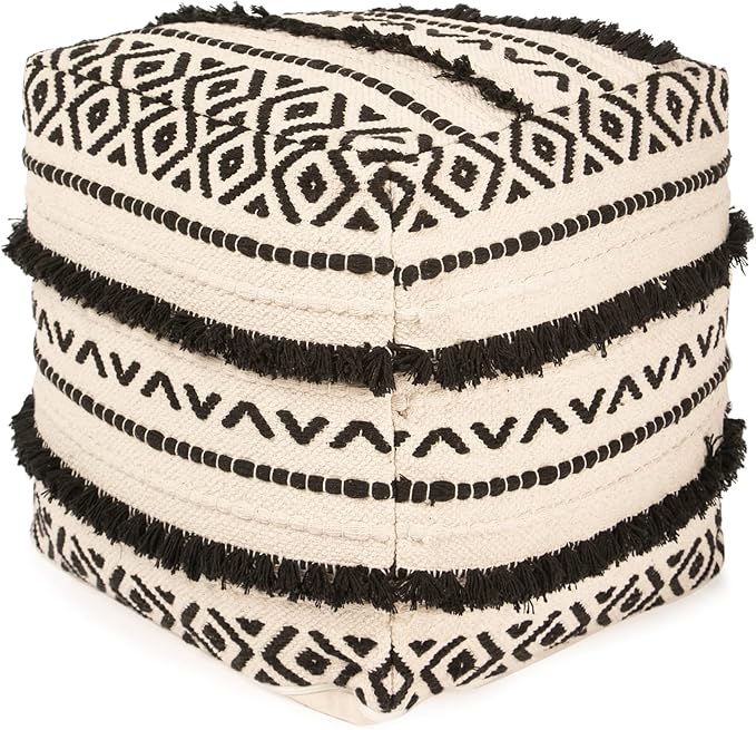 REDEARTH · Tufted Pouf Ottoman with Filler Textured Storage Cube Bean Bag Pouffe Footrest for Living Room, Bedroom, Nursery, Kidsroom; 100% Cotton (17.5"X17.5"X17.5", Geometric Craft Black)