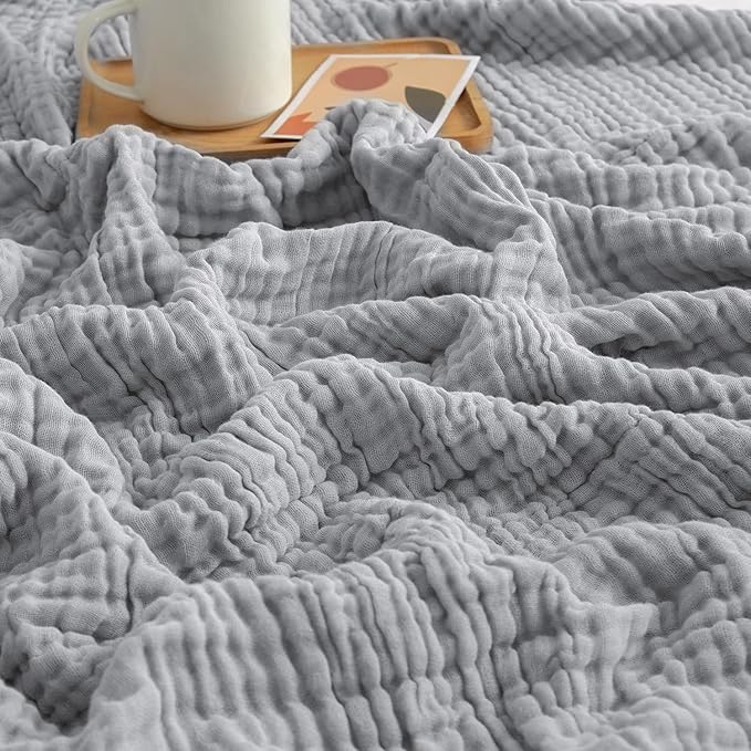 EMME Cooling Throw Blanket for Hot Flashes 100% Cotton Muslin Throw Blankets for Couch Breathable Gauze Blanket All Season Soft and Lightweight Pre-Washed Cotton Blanket (Light Grey, 50"x70")