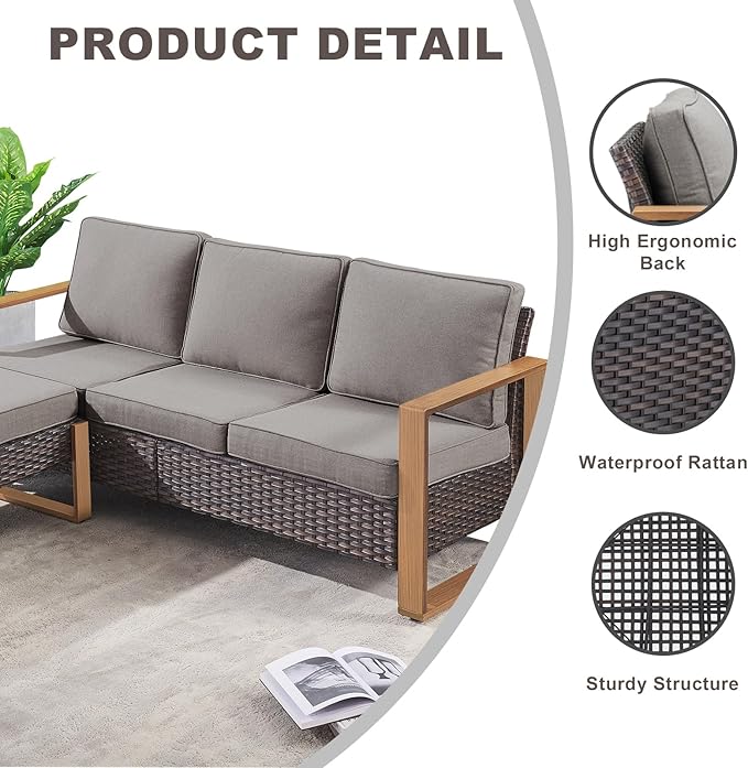 Outdoor Wicker Patio Furniture Set - 5 Piece Patio Conversation Set with 2 Wicker Swivel Rocker Chairs,2 Rattan Ottoman and 1 Couch,Thick Cushions,Deep Seating,Wide Armrest(Brown/Grey)