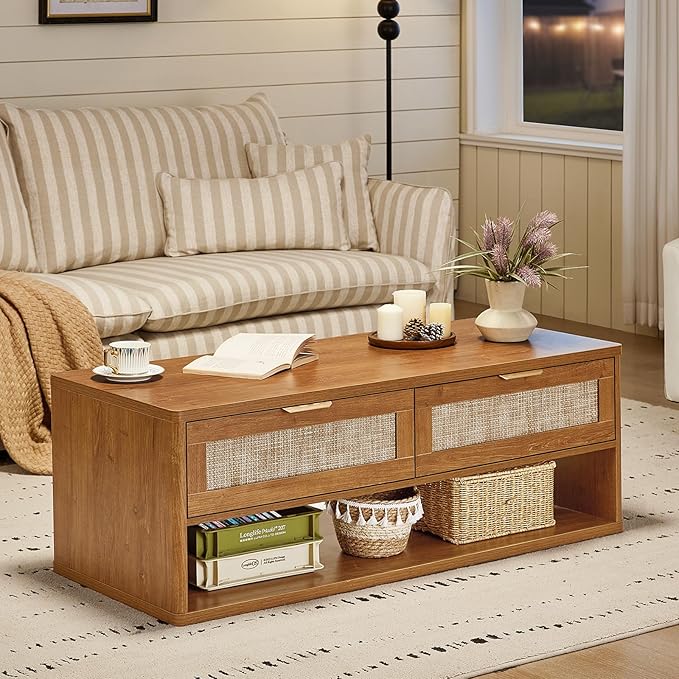 LEYAOYAO Boho Rattan Coffee Table and End Table Sets, 48" Wide Center Tables & 23" Night Stand with 3 Drawers, Brown Wood Coffee Table for Living Room 2 Piece Set