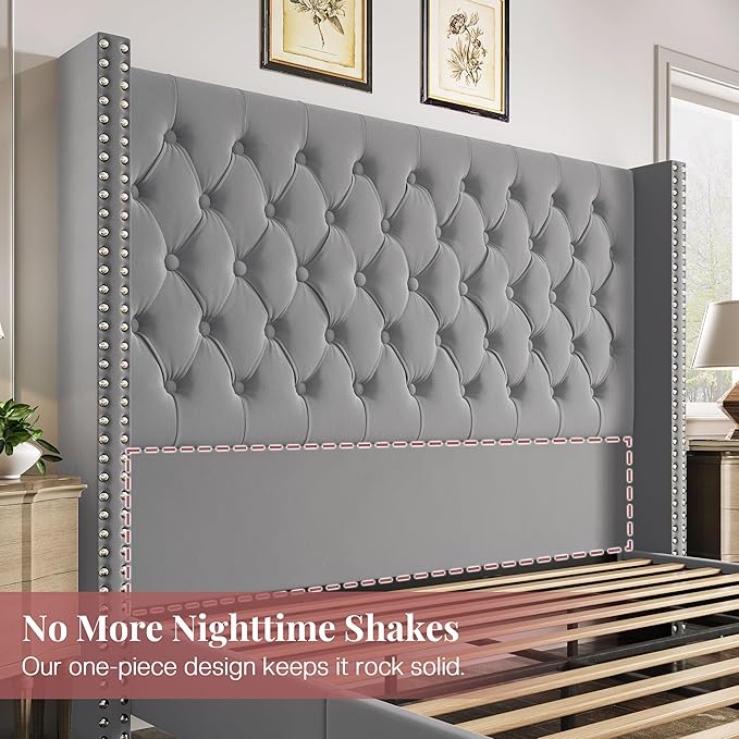 PaPaJet Queen Size Bed Frame with 61.4" Tall Headboard, Velvet Upholstered Platform and Handmade Deep Button Tufting, No Box Spring Required, Grey