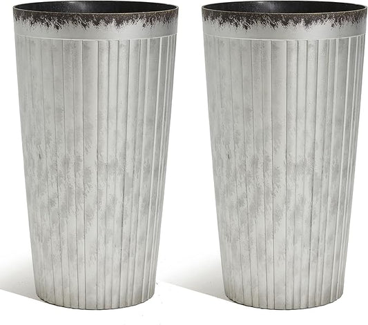 Worth Garden 22.5" H. Plastic Planters - Set of 2 Silver Color Tall Conical Plant Pots for Indoor Outdoor Use - Decorative Lightweight Flower Pots for Front Porch, Patio, Deck - 12.5" Dia x 22.5" H