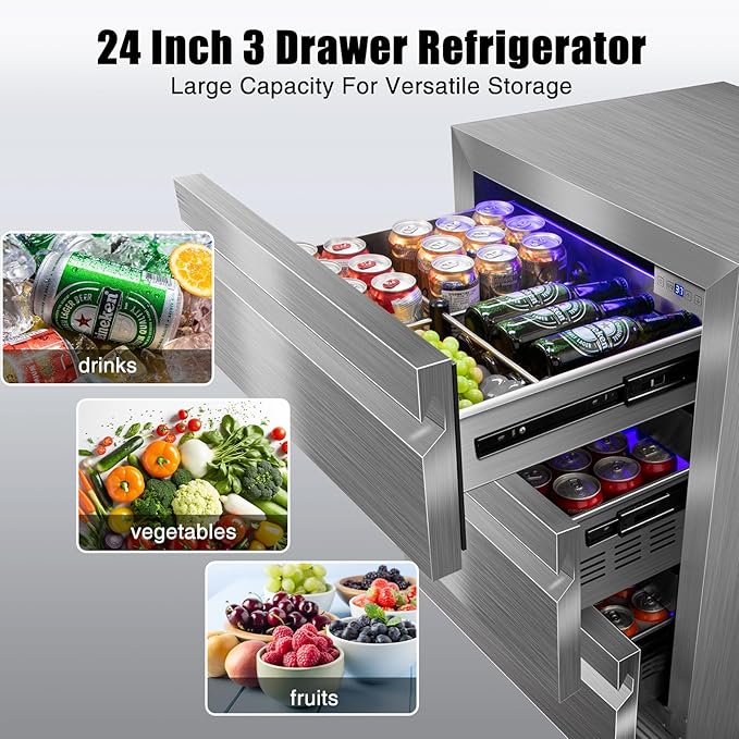 24 Inch Upgraded Three-Drawer Beverage Fridge, Weather Proof Outdoor Stainless Steel Beverage Refrigerator, Under Counter Built-in Beverage Cooler for Home & Commercial Use
