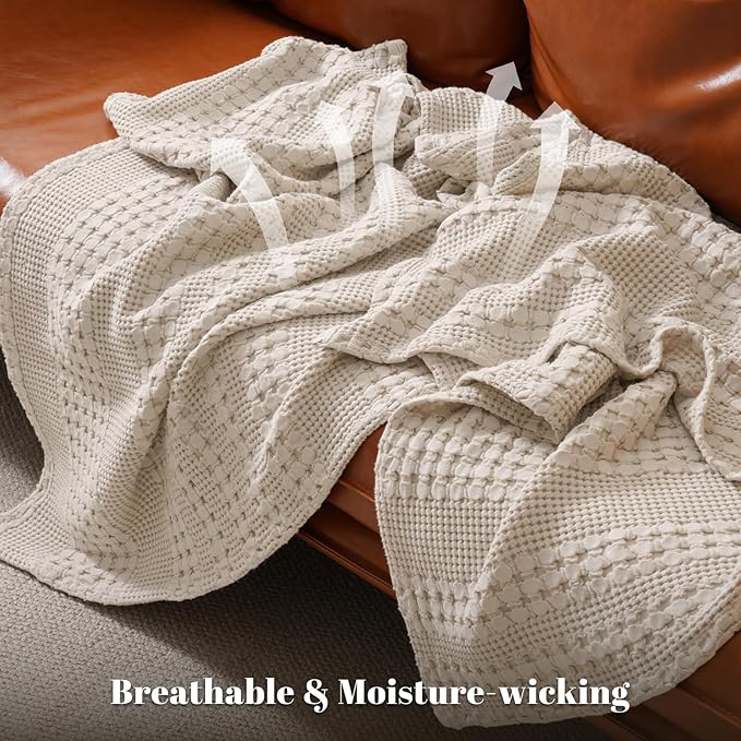 PHF 100% Cotton Waffle Weave Blanket King Size, Soft Lightweight Breathable Cozy Summer Blankets for Bed, Luxury Aesthetic Woven Bedding for Home Decor, 108"x90", Oatmeal