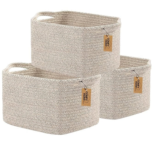 COMFY-HOMI 3PACK Cotton Rope Woven Basket With Handles for Shelves, Toy, Book, Cloth Storage Basket for Organizing|13.5" x 11" x 9.5" Decorative Nursery Cube Bin for Living Room（all brown）