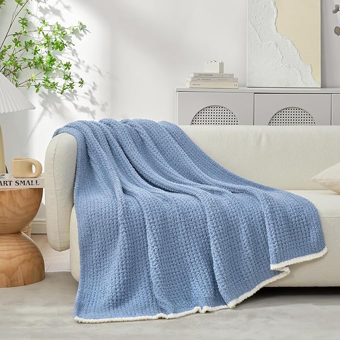 Snuggle Sac Ultra Soft Waffle Throw Blanket for Couch Bed Sofa 50x60 inches, Reversible Blue Blanket Microfiber Fluffy Fuzzy Cozy Knit Throws for Women Mothers Birthday Gifts