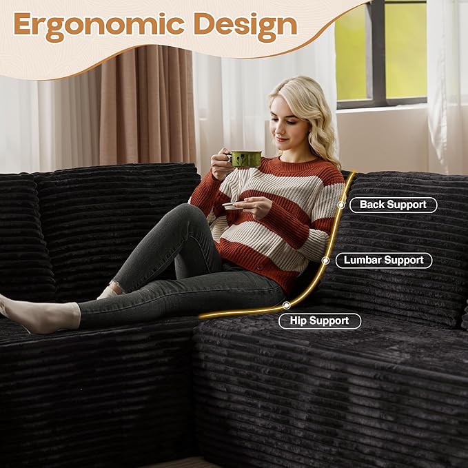 Cloud Sectional Couches for Living Room,U Shaped Modular Sofas No Assembly,135x79 Inches Plush Corduroy Oversized Floor Couch Set with Deep Seat Chaise,Black