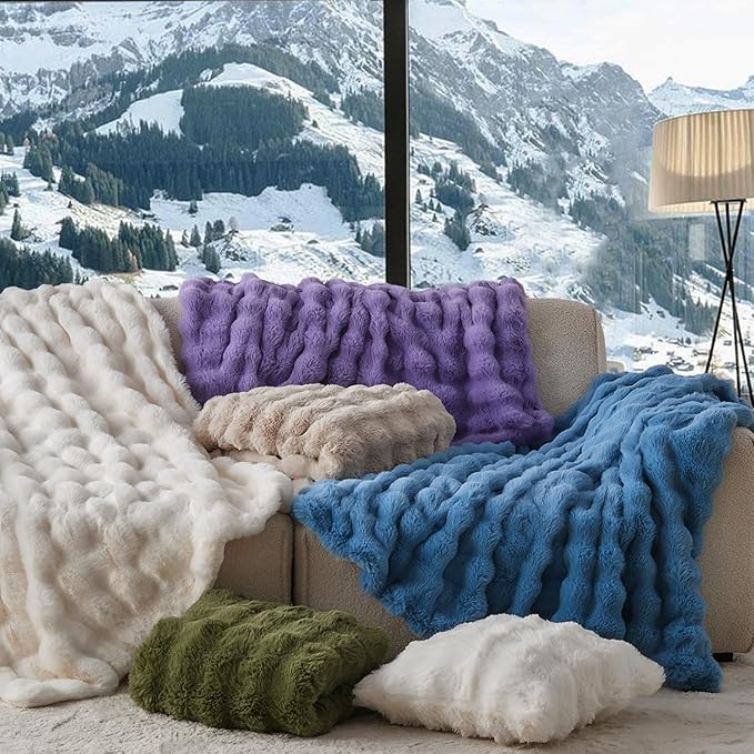 Lotus Karen Faux Fur Throw Blanket Dark Green - 800 GSM Bubble Rabbit Fluff Blanket for Couch Bed Sofa,Softest Fluffy Fuzzy Cozy Blanket,Thick Furry Plush Shaggy Warm Blankets for Women,60x80 Inches